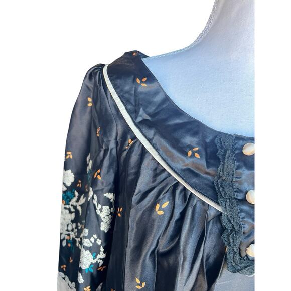 Black Satin Floral Garden Tunic Shift Dress 3/4 Sleeves MEDIUM Erdem Style - Picture 5 of 7